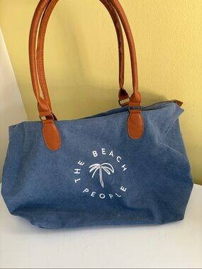 The Beach People Navy Cotton Canvas Tote with Faux Leather Brown Handles